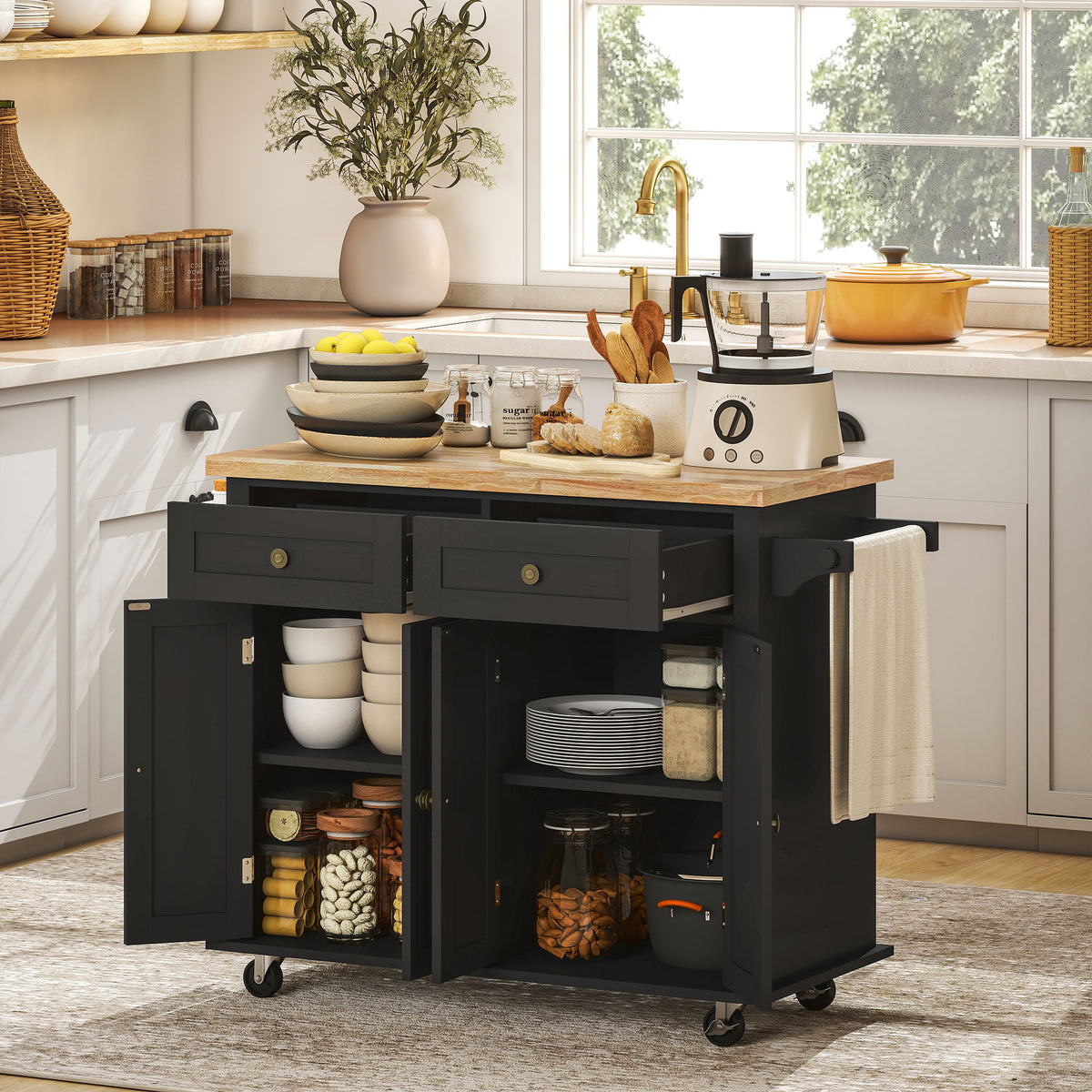 Desserte ilôt de cuisine multi rangements 2 tiroirs 2 placard 2 portes avec étagère range-bouteille-1