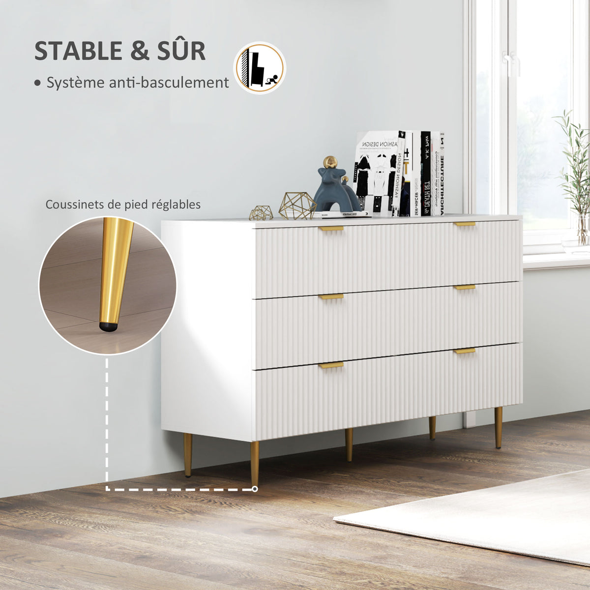 Commode 6 tiroirs commode chambre meuble de rangement moderne avec poignées et pieds dorés, 120 x 40 x 76,5 cm, blanc-5