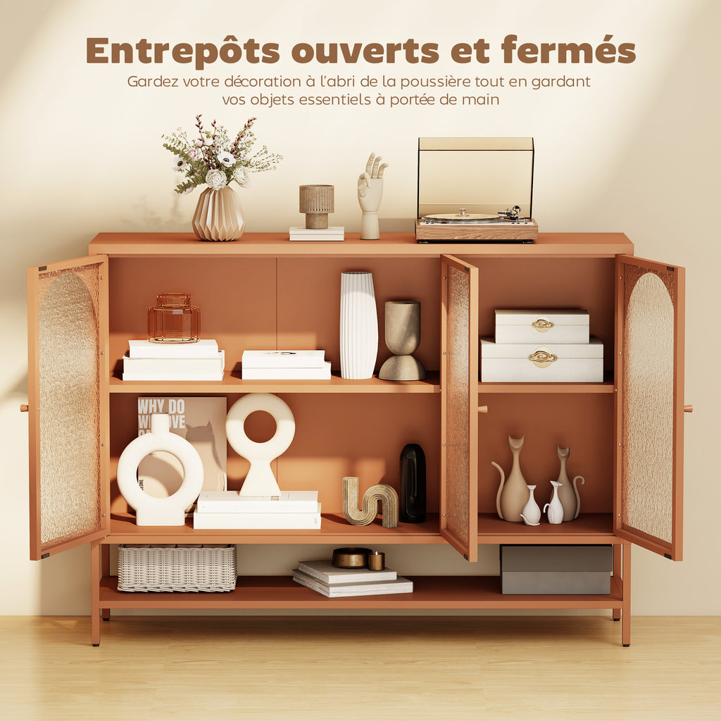 Buffet salon, meuble de rangement avec 3 portes vitrées cintrées et étagère ouverte, 140 x 40 x 105 cm, rouille-4