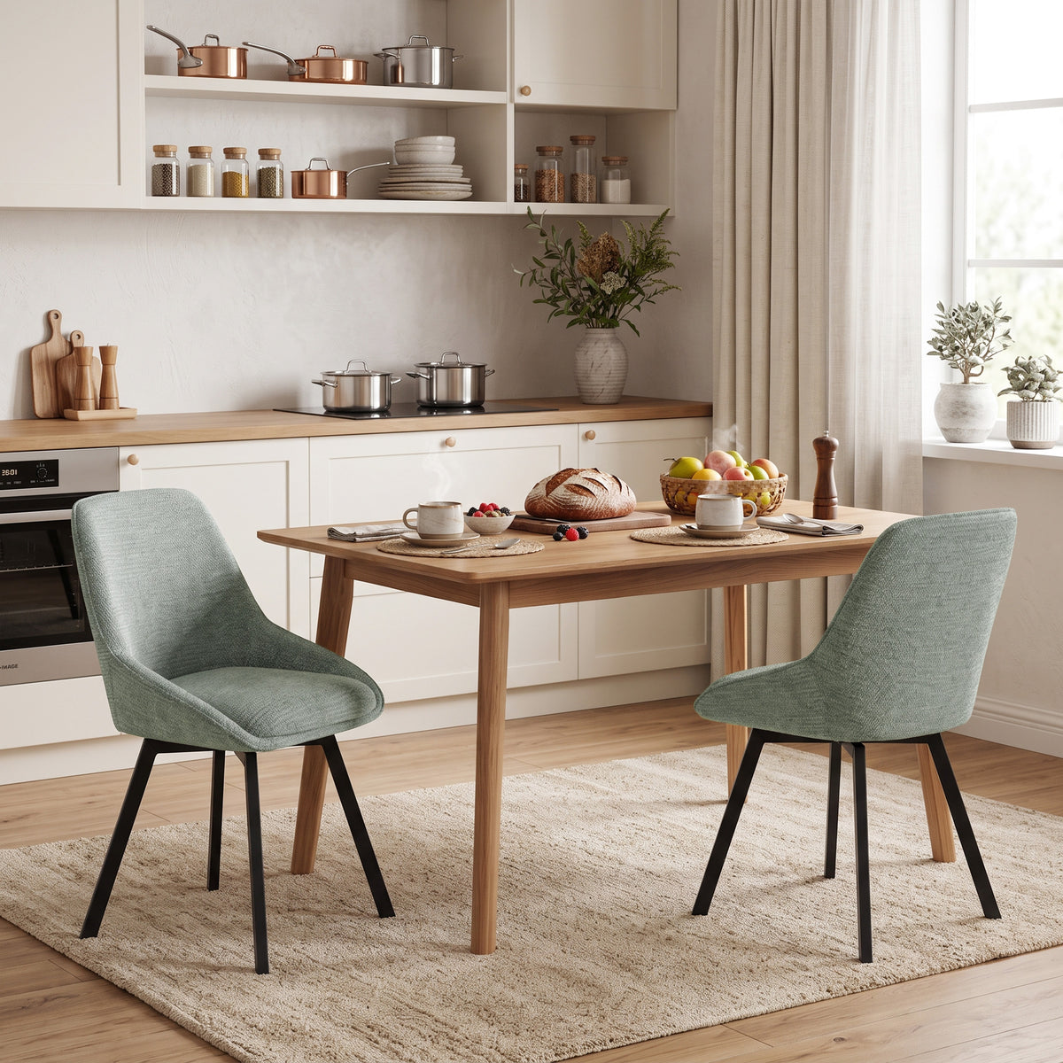 Lot de 2 Chaises de Salle à Manger Pivotantes à 360°, Chaises Cuisine Rembourrée en Chenille, Dossier Incurvé, Vert-1