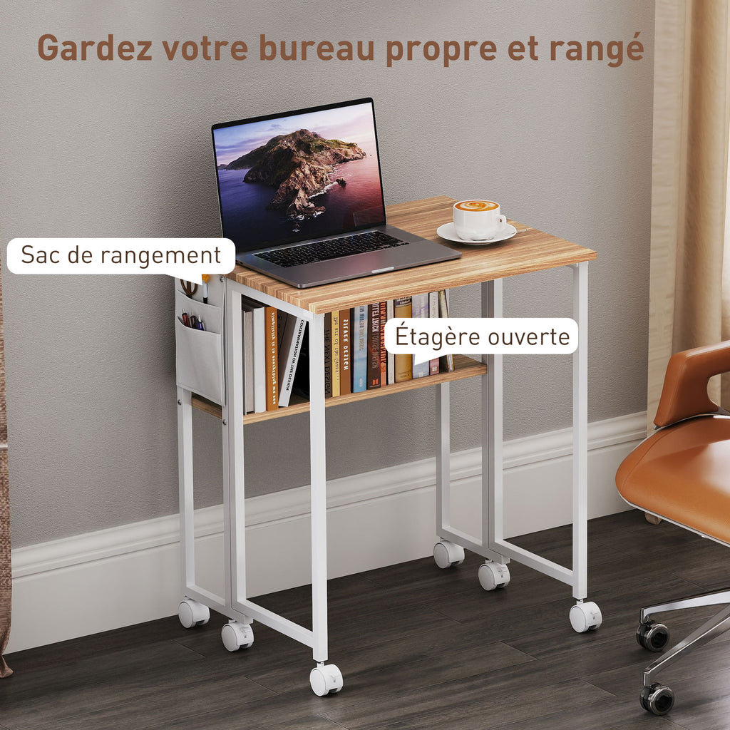Bureau pliable sur roulettes 63 x 50 cm avec étagère et sac de rangement, bois naturel-4