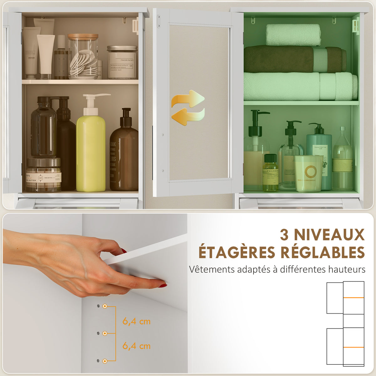 Meuble colonne salle de bain, meuble de rangement avec tiroir, 2 portes et étagère réglable, 40 x 31 x 170 cm, blanc-4