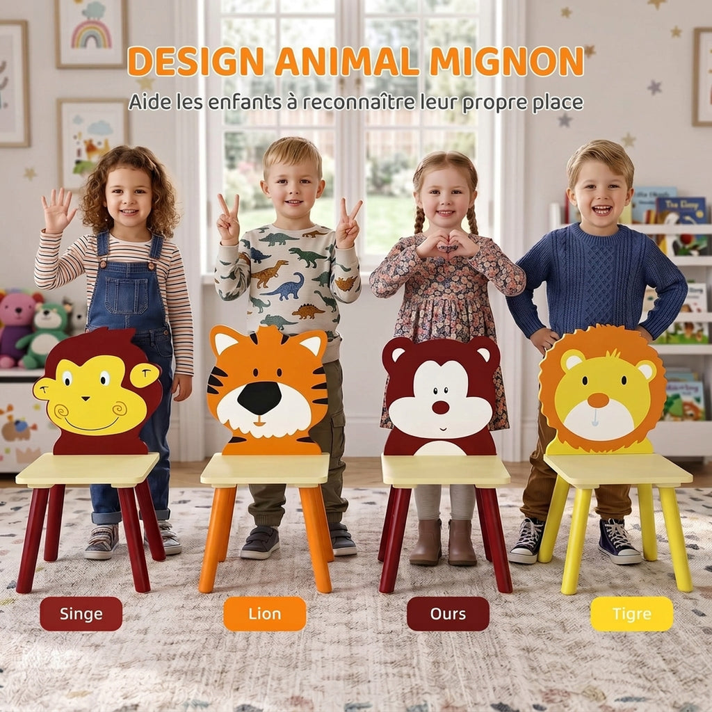 Ensembl Table pour Enfant avec 4 Chaises 5 Pièces en Bois, Dossier en Forme Animale, Coins Arrondis, 3-8 Ans, Jaune-4