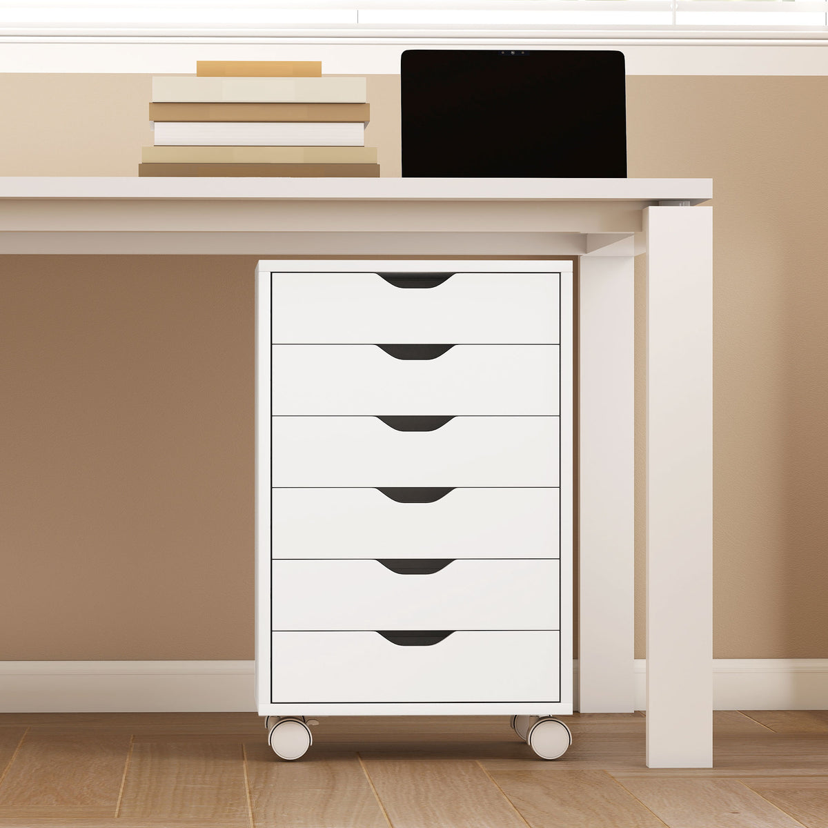 Caisson de Bureau Mobile 6 Tiroirs Silencieux, Support d'Imprimante, Poignées Encastrées, 40 x 35 x 63 cm, blanc-8