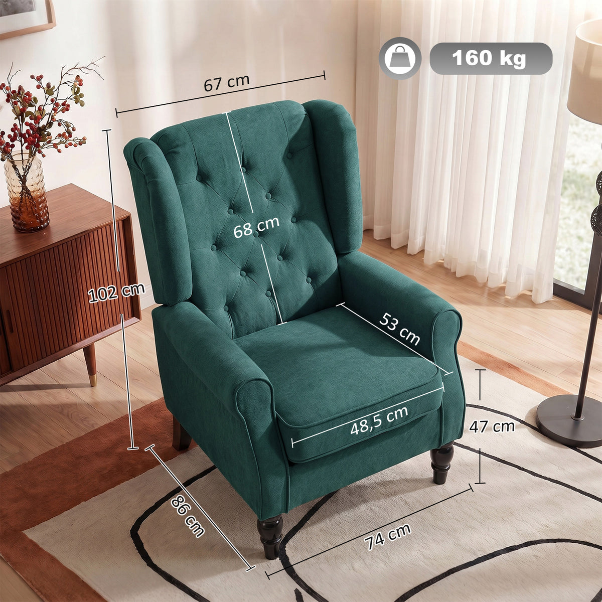 Fauteuil de salon capitonné avec assise large, pieds en bois, style classique, grand confort, 74 x 86 x 102 cm, vert-2