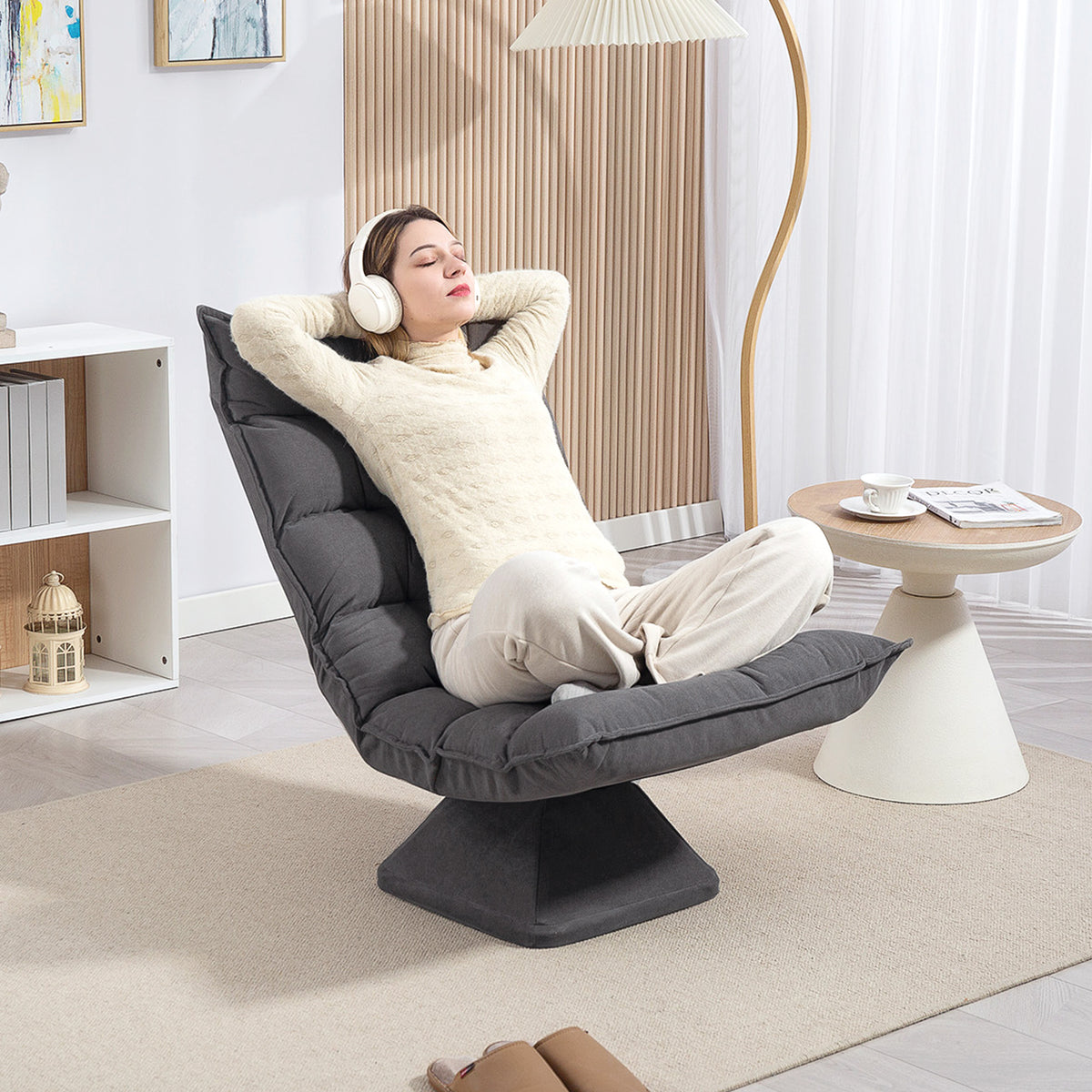 Fauteuil relax fauteuil salon design capitonné inclinaison dossier réglable pivotant 360° gris chiné-1