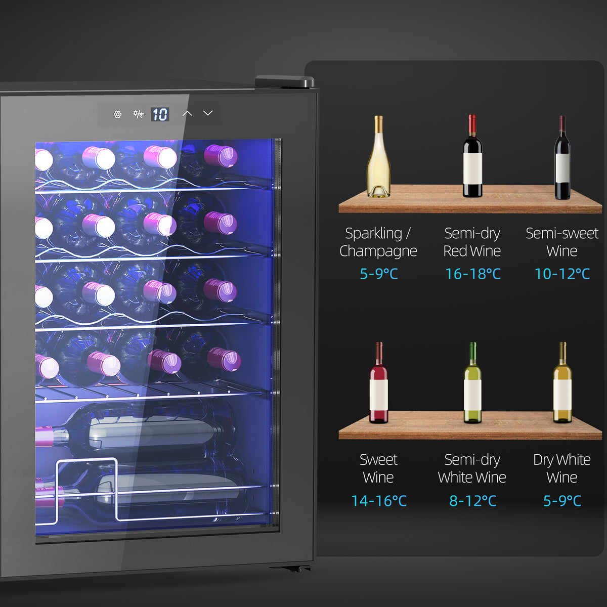 Cave à vin 20 bouteilles 53L haute performance température réglable 5-18° avec lumière LED, noir-8