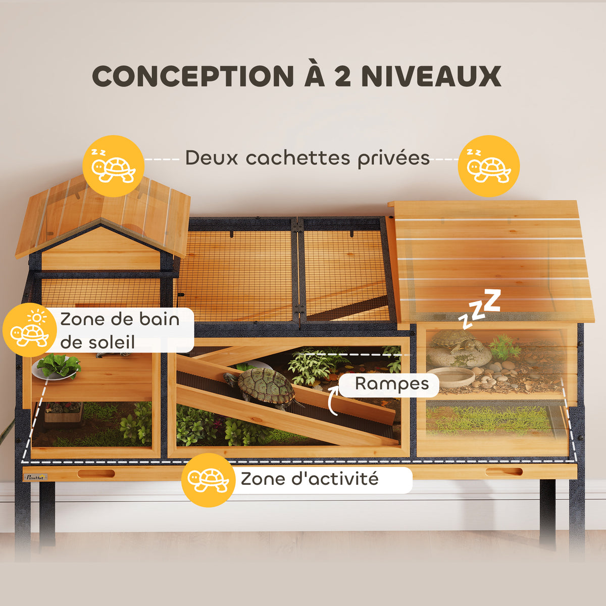 Maison pour tortues à 2 étages 2 chambres fenêtres rampes toit ouvrable et plateau 128 x 63 x 96 cm jaune-3