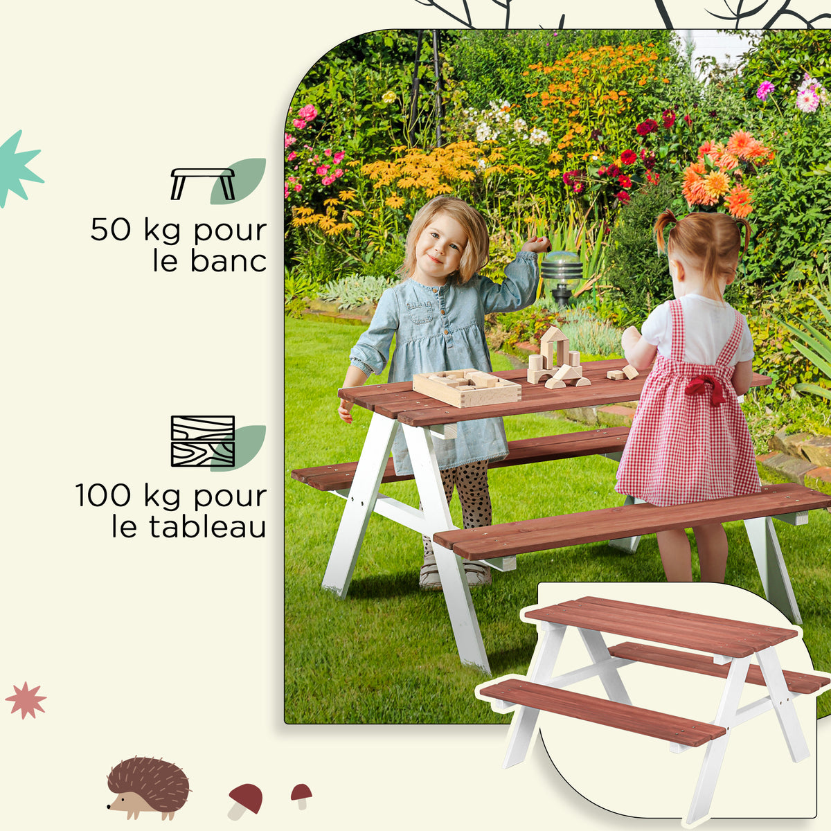 Table de pique-nique pour enfants avec bancs en bois massif table enfant pour le jardin 89 x 79 x 50 cm marron et blanc-4