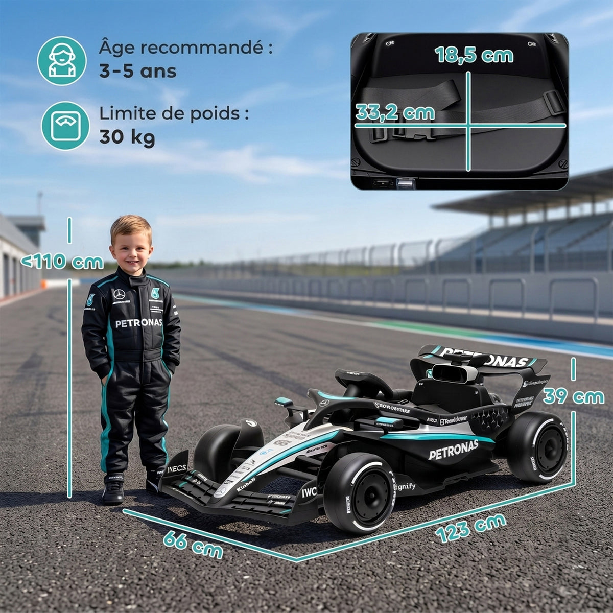 Kart Électrique Enfants 12V, Go Kart Mercedes-AMG PETRONAS F1 avec 2 Moteurs, Télécommande, 3 Vitesses, Noir-2