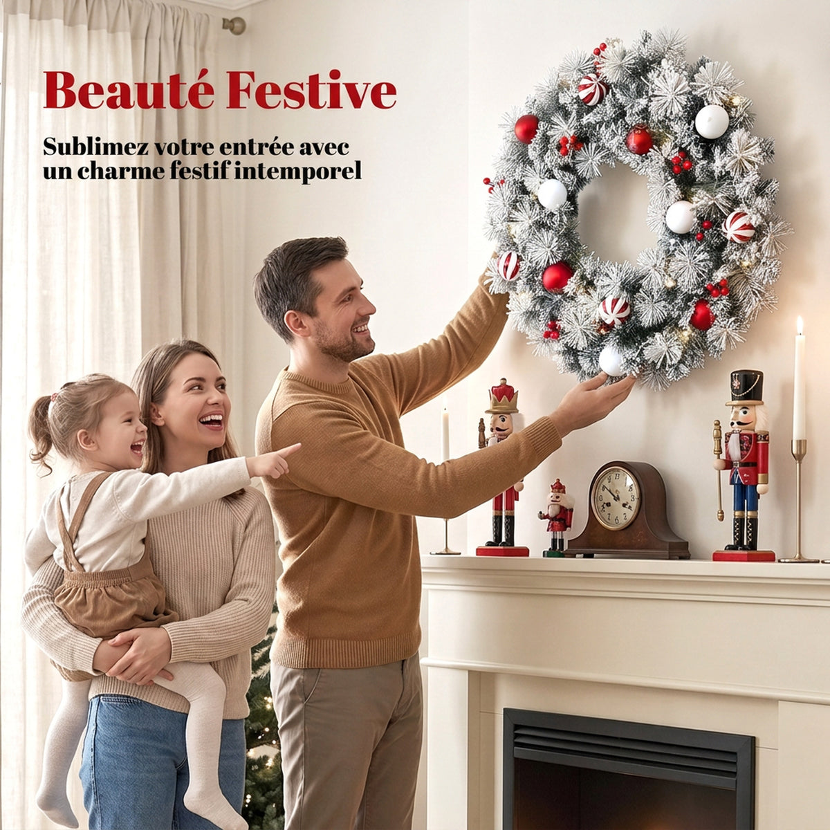 Couronne de Noël Lumineuse 60 cm Enneigée Floquée avec 50 LED, 15 Boules Décoratives, 140 Branches, 8 Modes, Vert-3