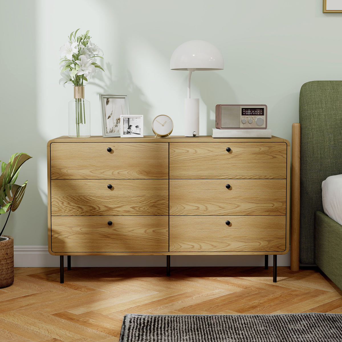 Commode 6 tiroirs meuble de rangement style moderne coins arrondis et pieds en acier 120 x 40 x 75cm effet bois de chêne-8