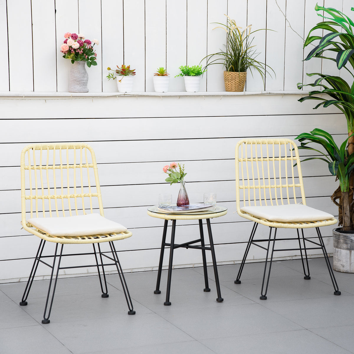 Ensemble bistro de jardin 3 pièces 2 chaises + table basse ronde verre trempé 2 coussins crème-1