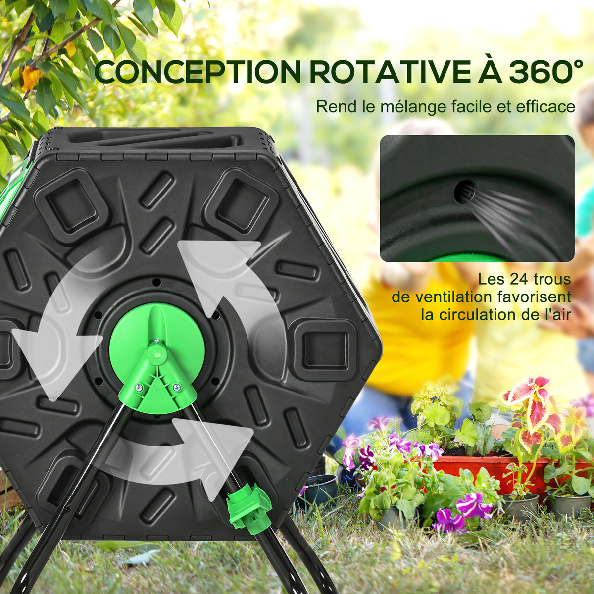 Composteur de jardin bac composteur pour jardin rotatif 360° en polypropylène 65 L 24 trous 60 x 49 x 77 cm noir-4