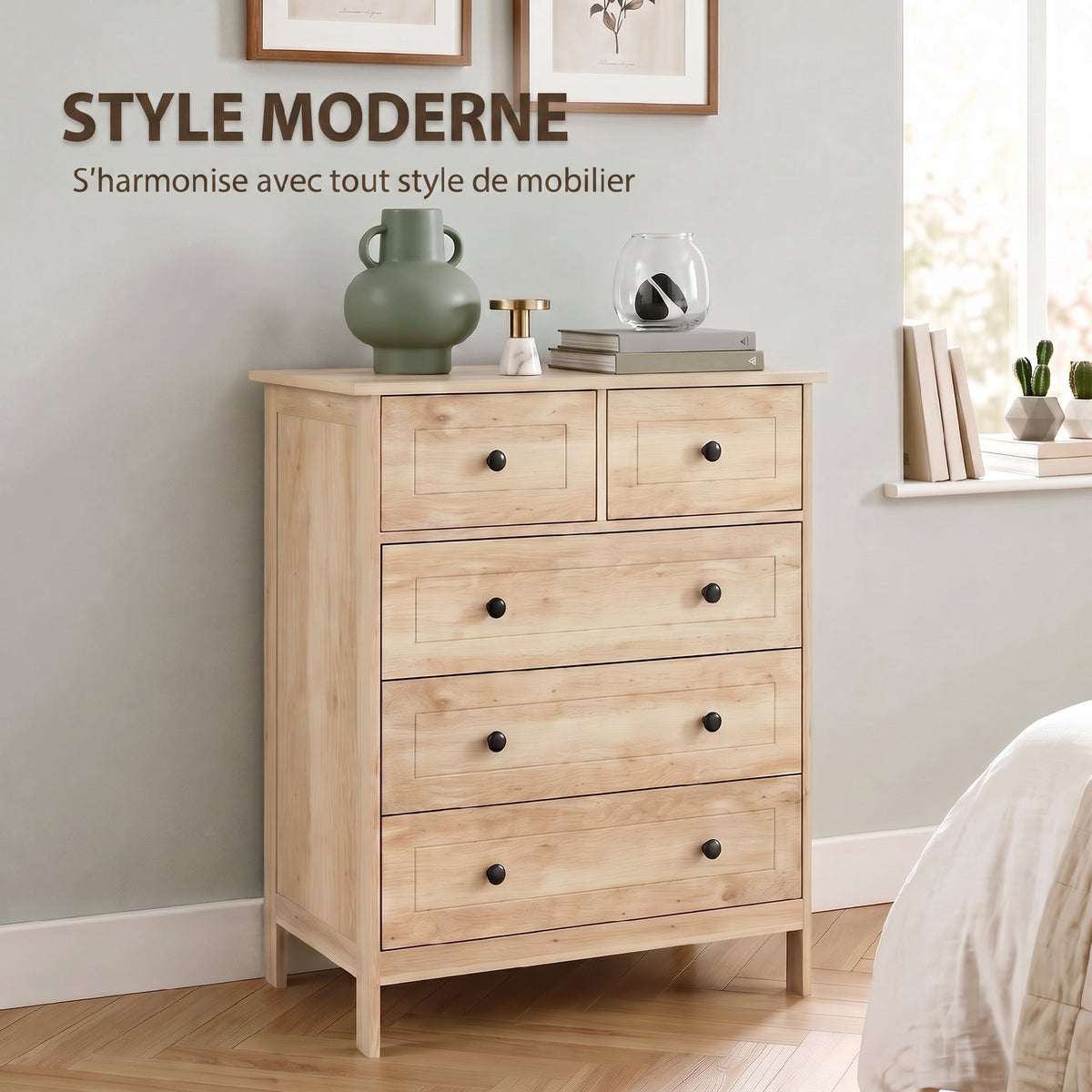 Commode meuble de rangement 5 tiroirs pour chambre, bureau, entrée, chêne et poignée métal noir-3
