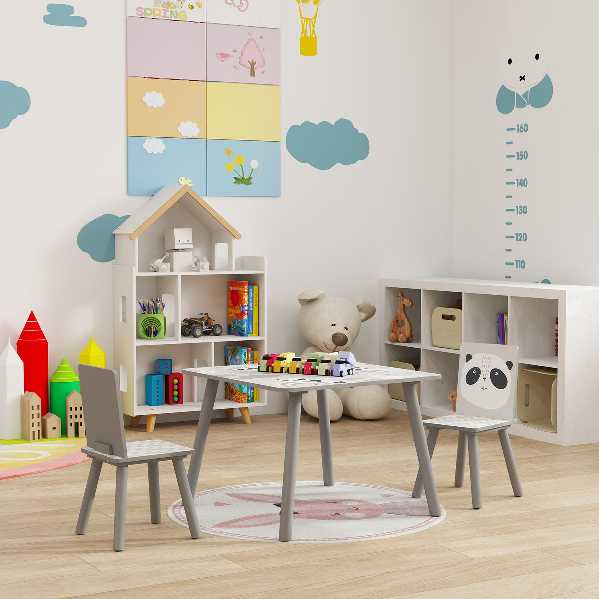 Ensemble table et chaises pour enfants, table pour enfant avec 2 chaises, motif animaux pour chambre à coucher gris-1