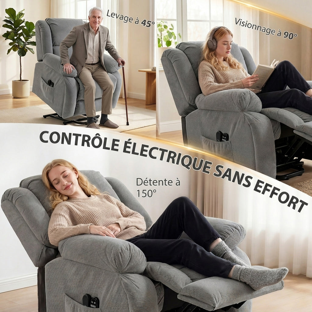 Fauteuil releveur électrique massage et chauffage avec repose-pied, dossier inclinable, télécommande et poche latérale-4