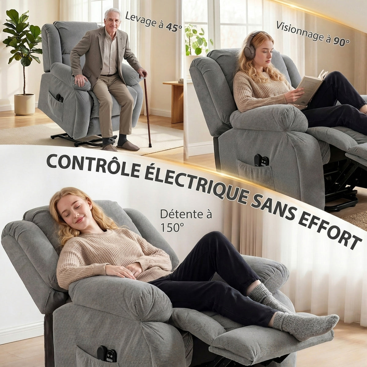 Fauteuil releveur électrique massage et chauffage avec repose-pied, dossier inclinable, télécommande et poche latérale-4