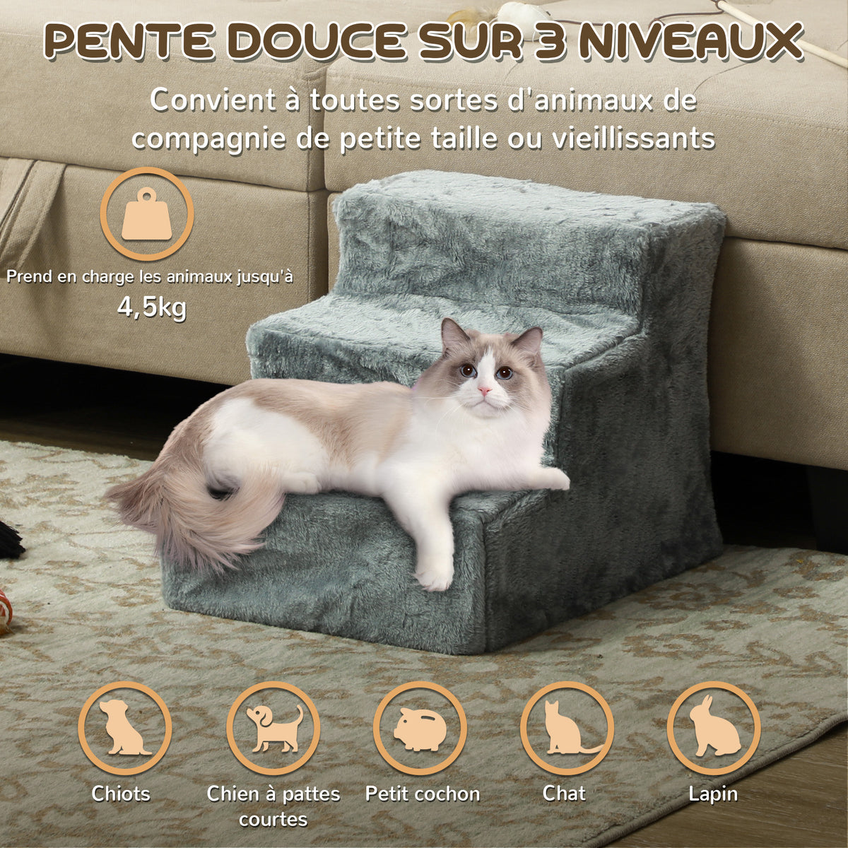 Escalier pour chien à 3 marches escalier pour chat échelle antidérapante pour animaux 46 x 35 x 35 cm gris clair-3