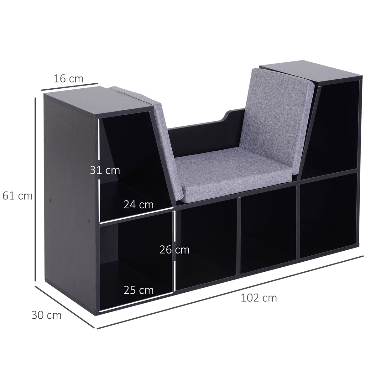 Bibliothèque banc 2 en 1 avec coussins de siège, étagère cube 6 compartiments ouverts et 2 niveaux, meuble de rangement pour salon, chambre à coucher, bureau, 102 x 30 x 61 cm, noir-2