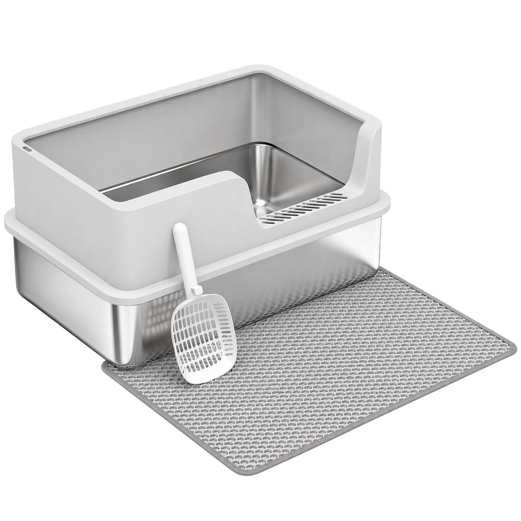 Bac Litière pour Chat en INOX Couvercle Bords Hauts Pelle et Tapis Anti-Adhérent Anti-Odeurs 60x40x30cm Gris Clair-0