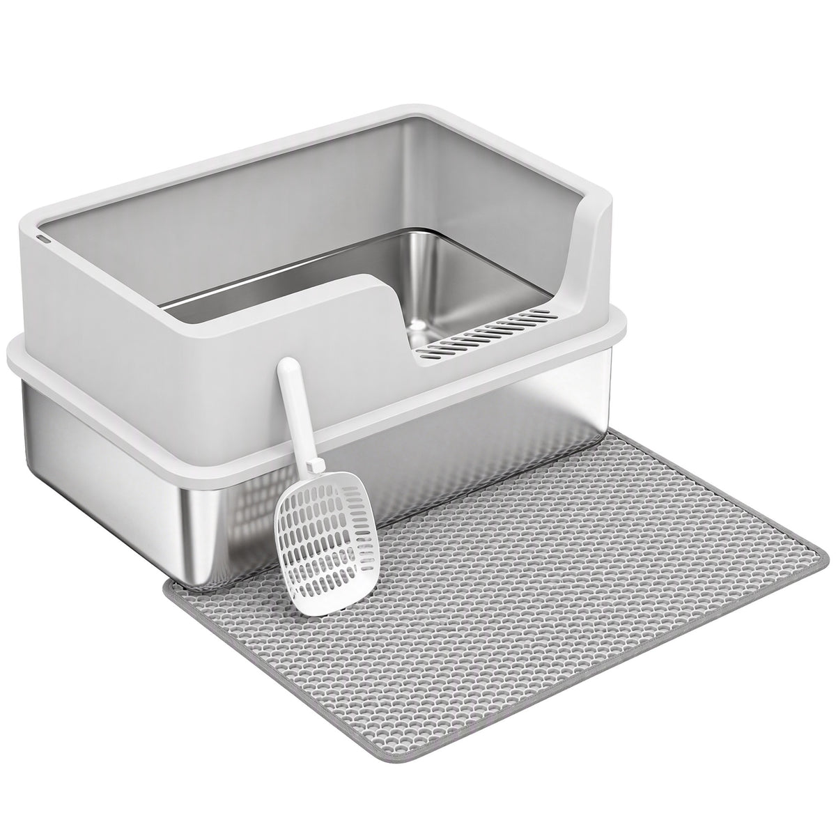 Bac Litière pour Chat en INOX Couvercle Bords Hauts Pelle et Tapis Anti-Adhérent Anti-Odeurs 60x40x30cm Gris Clair-0