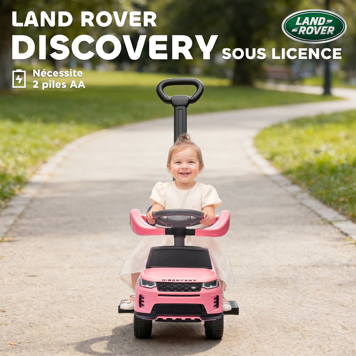 Porteur enfants Land Rover Discovery sous licence, porteur voiture à pousser avec poignée amovible, 84x40x94,5cm, rose-4