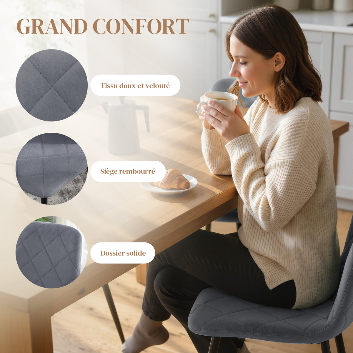 Lot de 4 chaises de salle à manger rembourrées avec dossier haut, pieds en acier et tissu effet velours, gris-3
