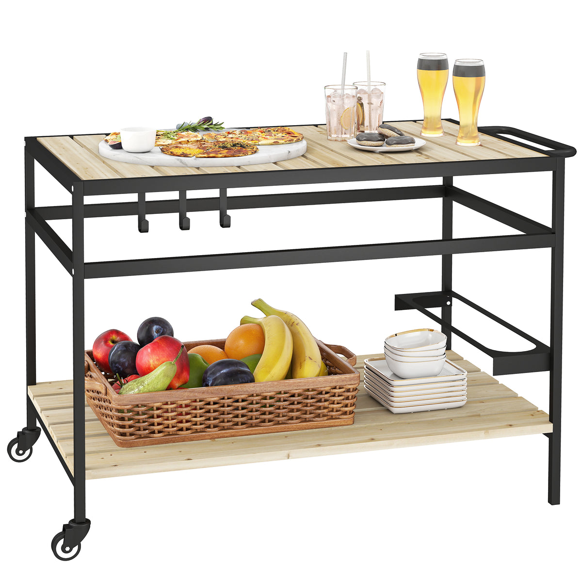 Desserte de jardin chariot pour plancha en bois et métal 2 étagères 3 crochets 107 x 65 x 80 cm noir naturel-0