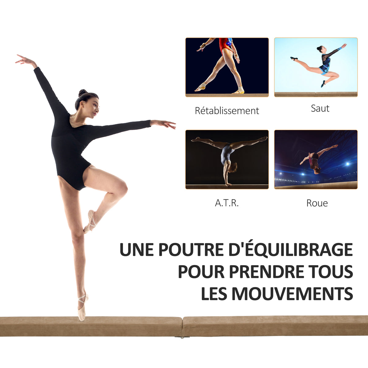 Poutre de gymnastique pliable 210 cm antidérapant, poutre gymnastique pour entraînement à l'équilibre, marron-6