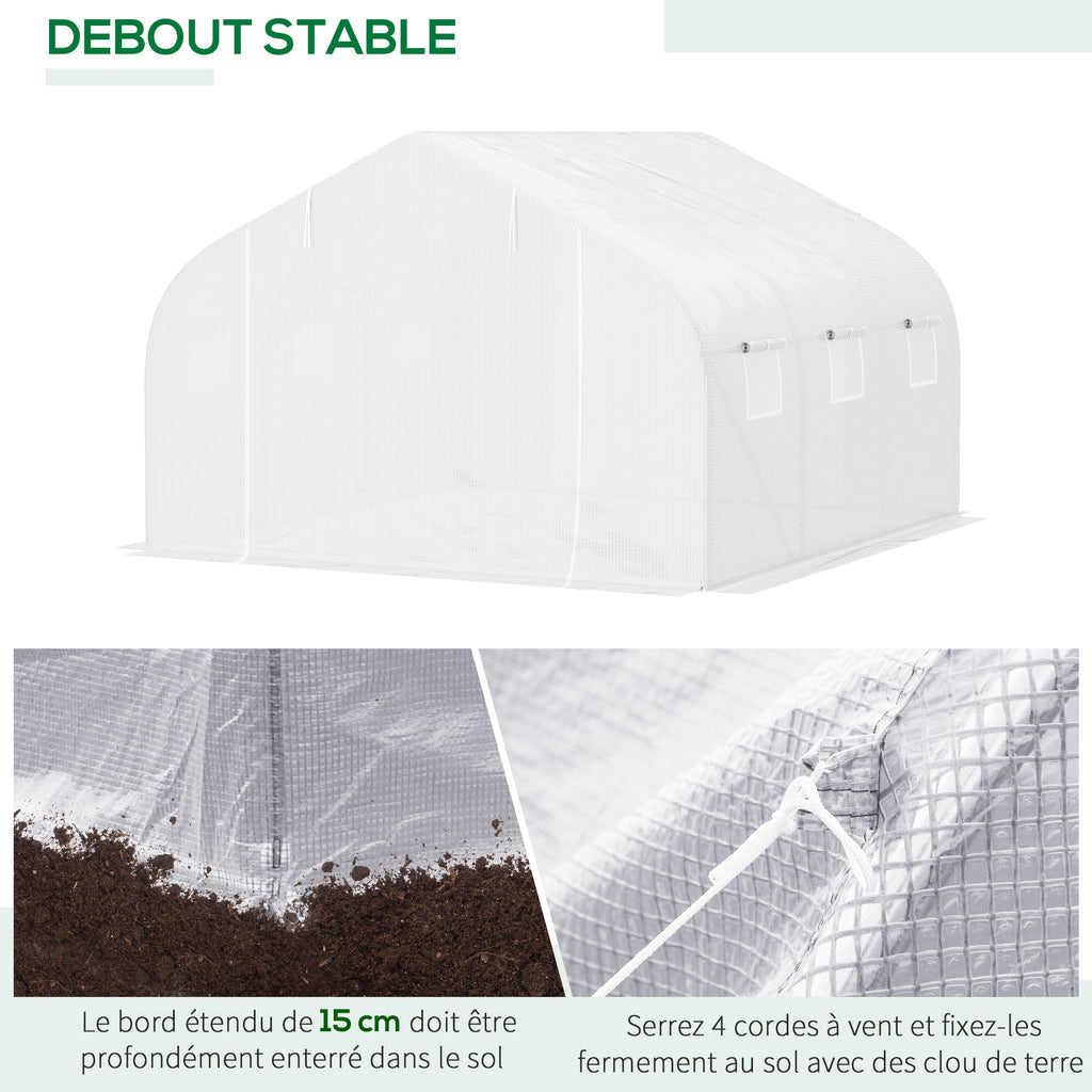 Serre Tunnel de Jardin 10,5 m² dim. 3,5L x 3l x 2H m Porte + 6 fenêtres enroulables Acier galvanisé bâche PE Haute densité Blanc-4
