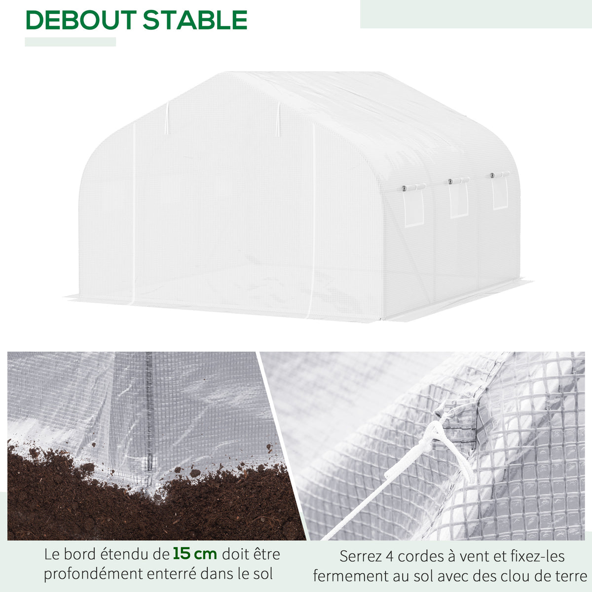 Serre Tunnel de Jardin 10,5 m² dim. 3,5L x 3l x 2H m Porte + 6 fenêtres enroulables Acier galvanisé bâche PE Haute densité Blanc-4