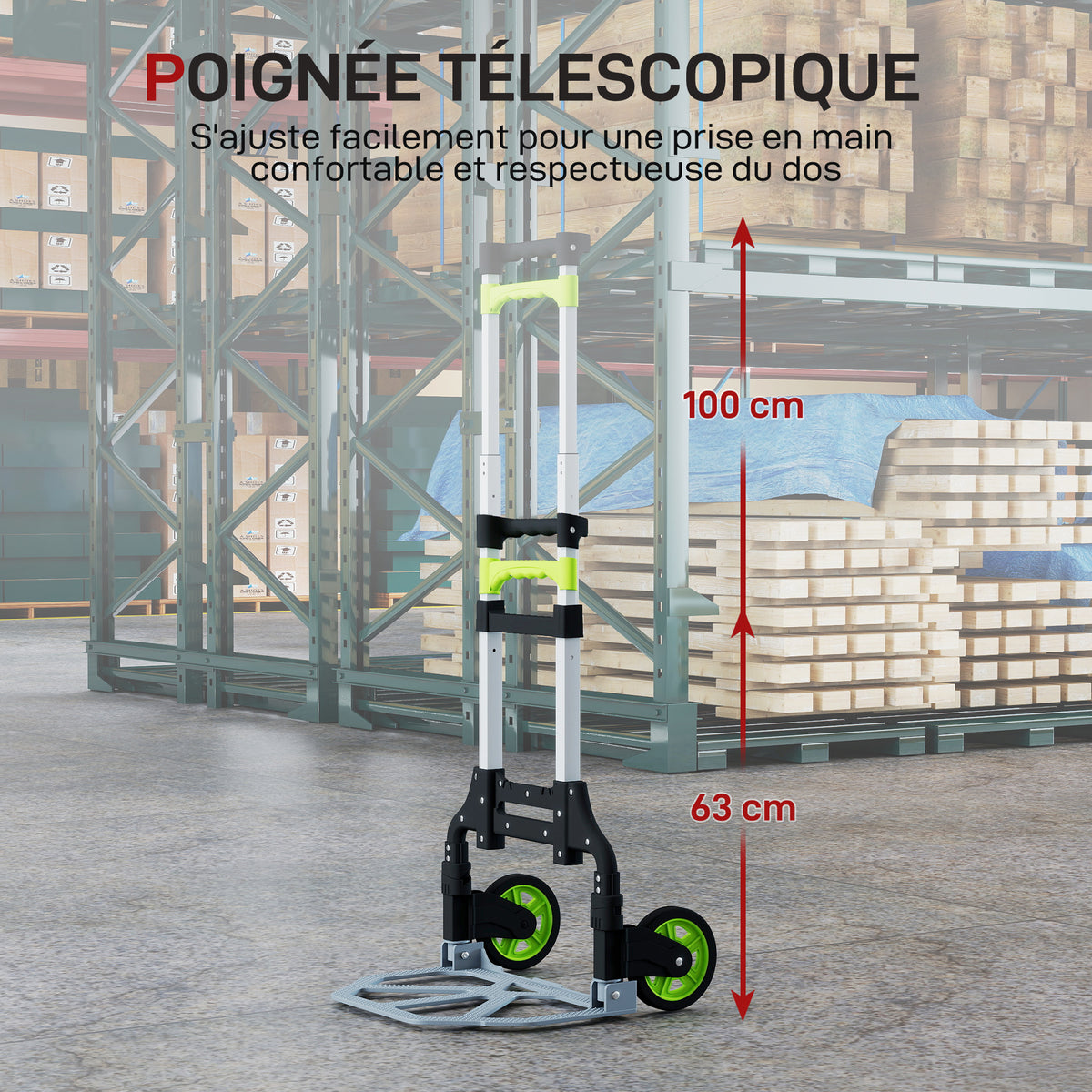 Diable Pliable en Aluminium avec 100 cm Poignée Télescopique, pour Entrepôt, Aéroport, 38,5x41x100cm, Vert-4