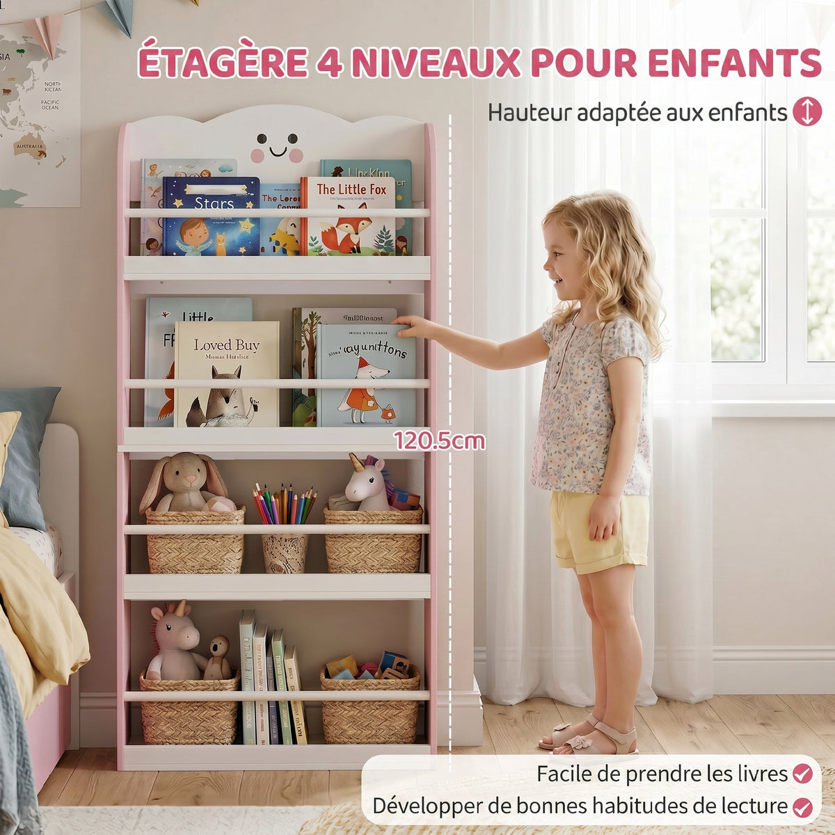 Bibliothèque pour enfant, rangement livre enfant 4 niveaux en thème barbe à papa, 60x12x108cm, rose-3