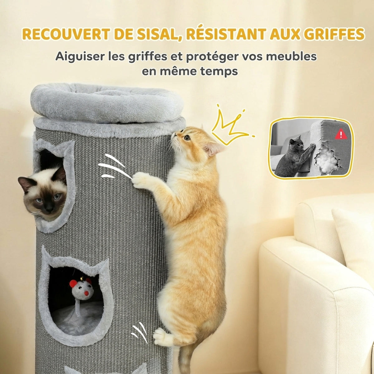 Tonneau à gratter, tour à griffer en sisal et bord en peluche, 3 niveaux avec plate-forme, stable, Ø 38 x 96 cm gris-4