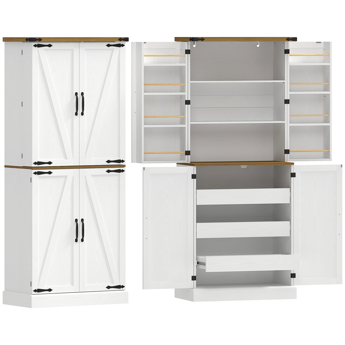 Buffet haut cuisine, armoire de cuisine, 4 portes, 3 tiroirs, 8 porte-racks et étagères réglables, 76x40x182cm, blanc-0