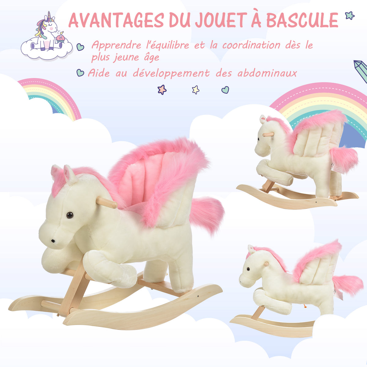 Cheval à Bascule Fonction Musicale Selle Grand Confort Peluche Courte Douce Pour Enfants 18-36 Mois Bois peuplier Blanc et Rose dim. 70L x 28l x 57H cm-3