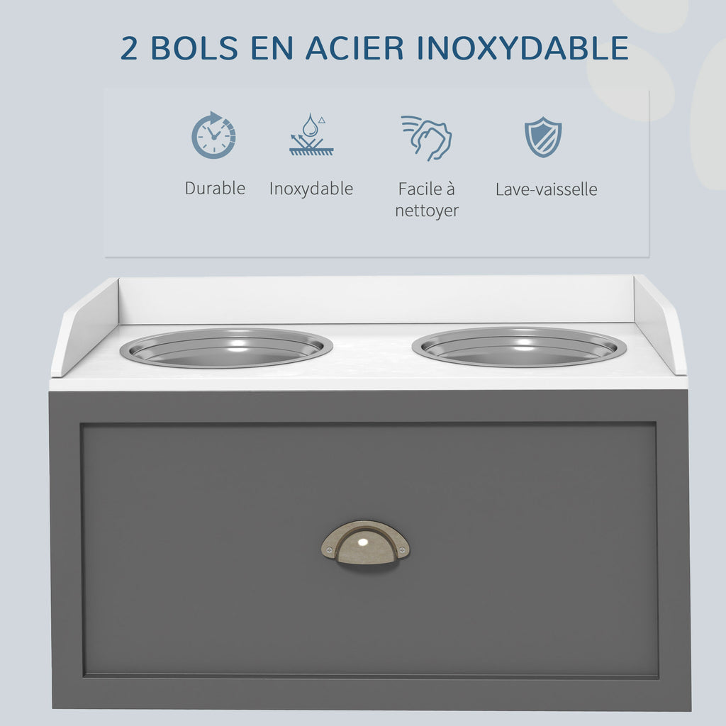Gamelle double chien chat - porte-gamelles surélevé rangement 2 en 1 - tiroir, 2 gamelles - acier inox. MDF blanc gris-5