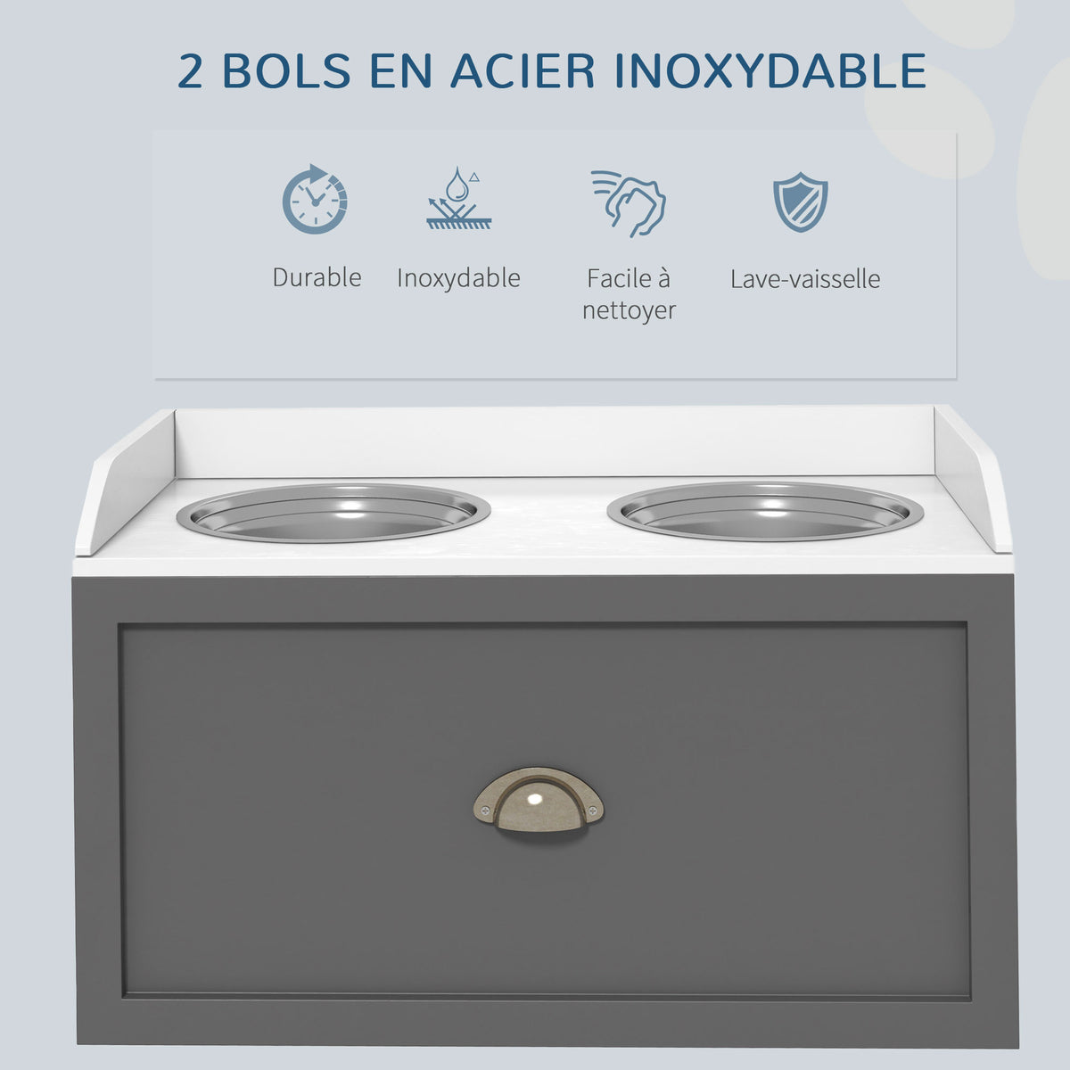 Gamelle double chien chat - porte-gamelles surélevé rangement 2 en 1 - tiroir, 2 gamelles - acier inox. MDF blanc gris-5