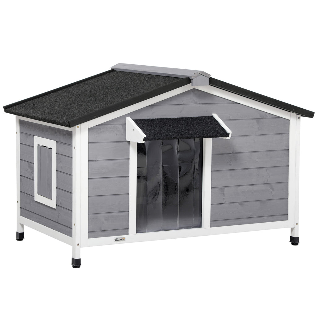 Niche chien style cottage - 2 fenêtres, porte, toit ouvrant bitumé - dim. 109 x 79 x 72 cm - bois sapin gris-0