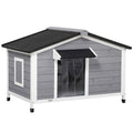 Niche chien style cottage - 2 fenêtres, porte, toit ouvrant bitumé - dim. 109 x 79 x 72 cm - bois sapin gris-0