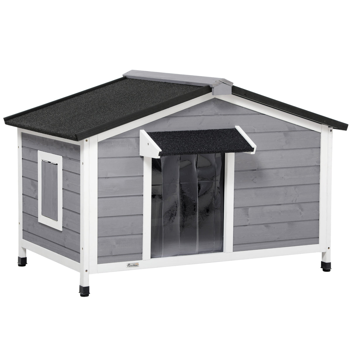 Niche chien style cottage - 2 fenêtres, porte, toit ouvrant bitumé - dim. 109 x 79 x 72 cm - bois sapin gris-0