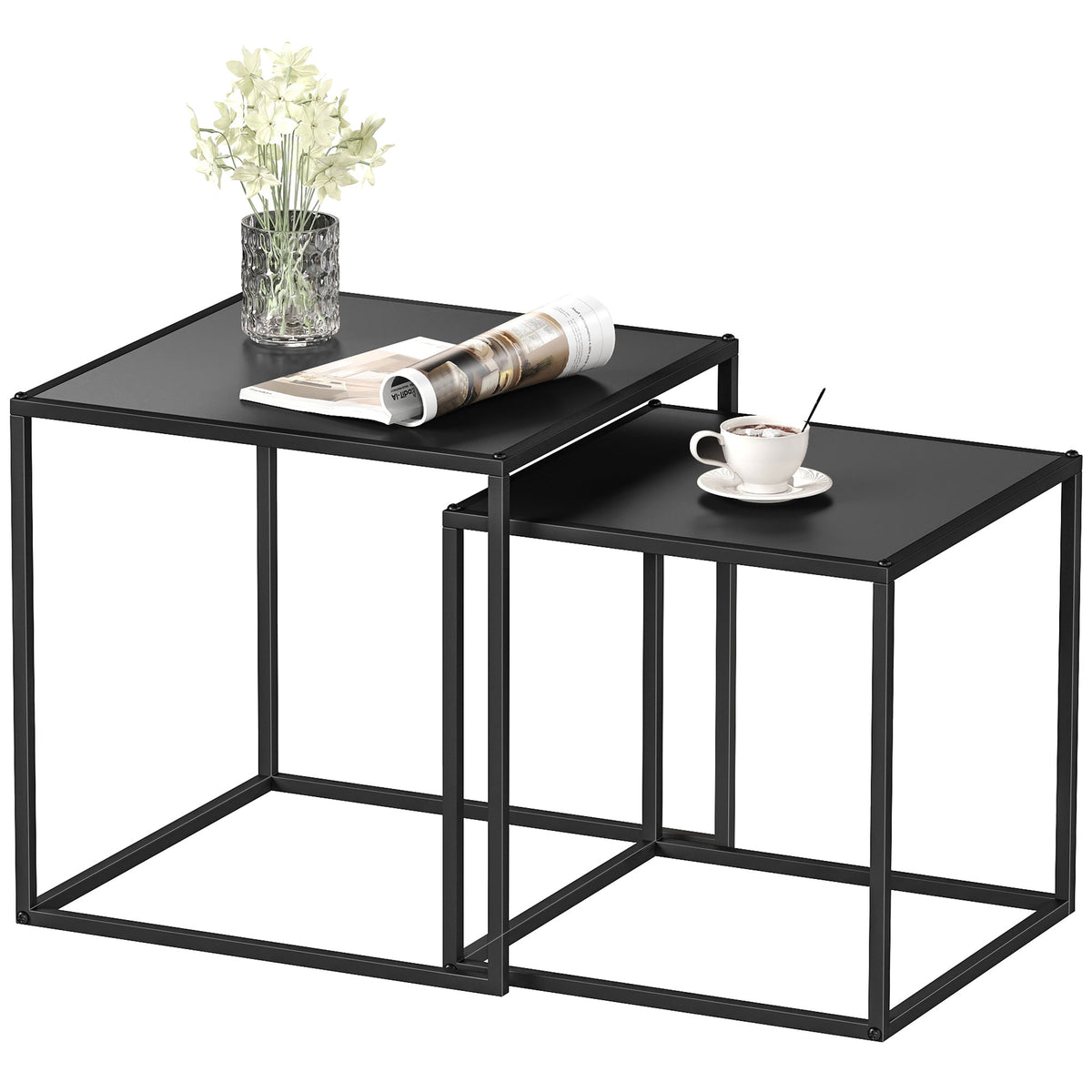 Lot de 2 tables basses gigognes carrées style industriel en métal noir mat - dim. 40 et 35 cm-9