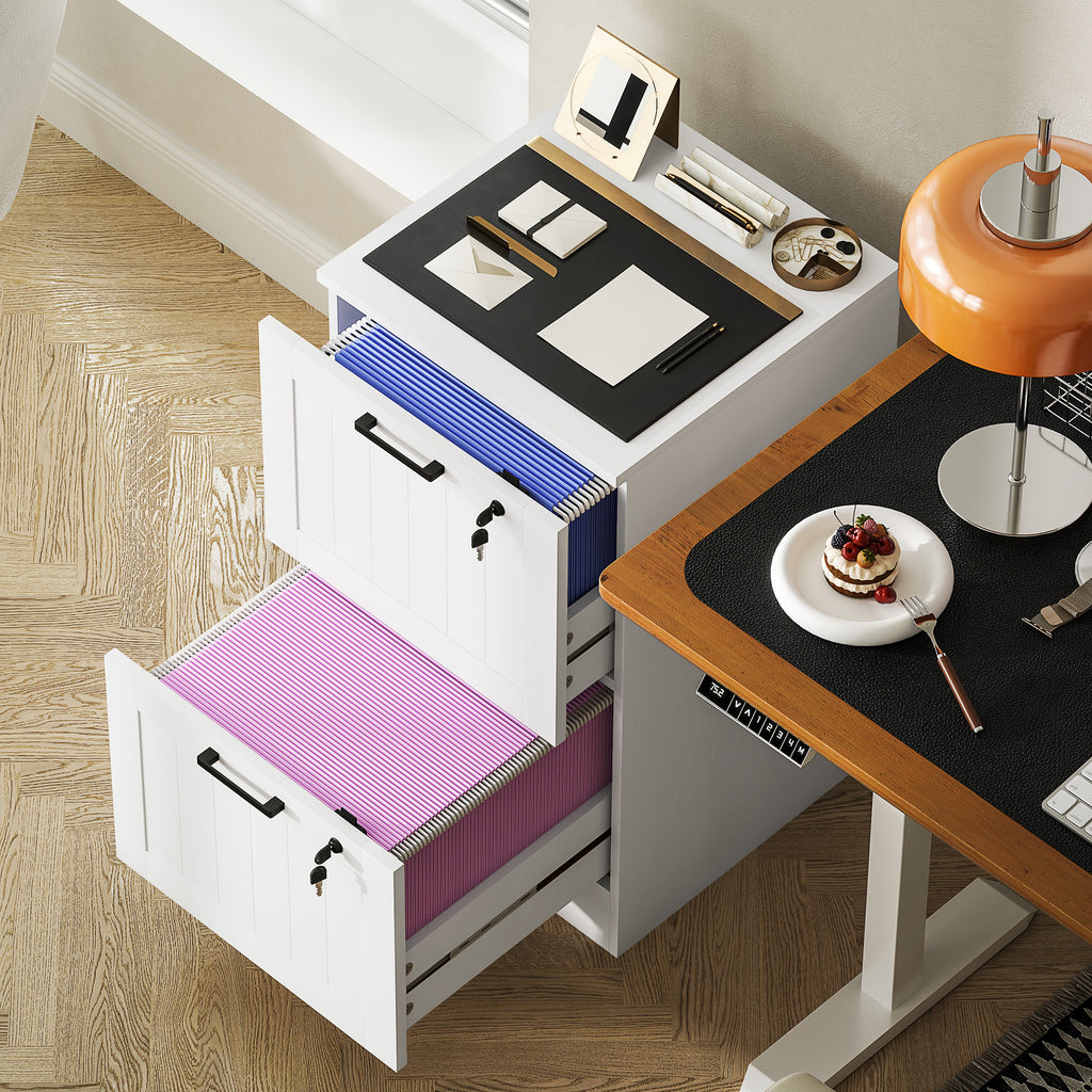 Caisson bureau, meuble rangement bois 2 tiroirs et serrure, barres de suspension réglables, 40 x 40 x 71 cm, blanc-8