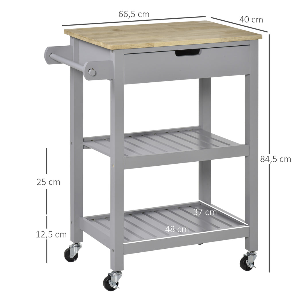 Desserte de service chariot de cuisine à roulettes avec plan de travail en bois hévéa - 2 étagères, 1 tiroir et-2