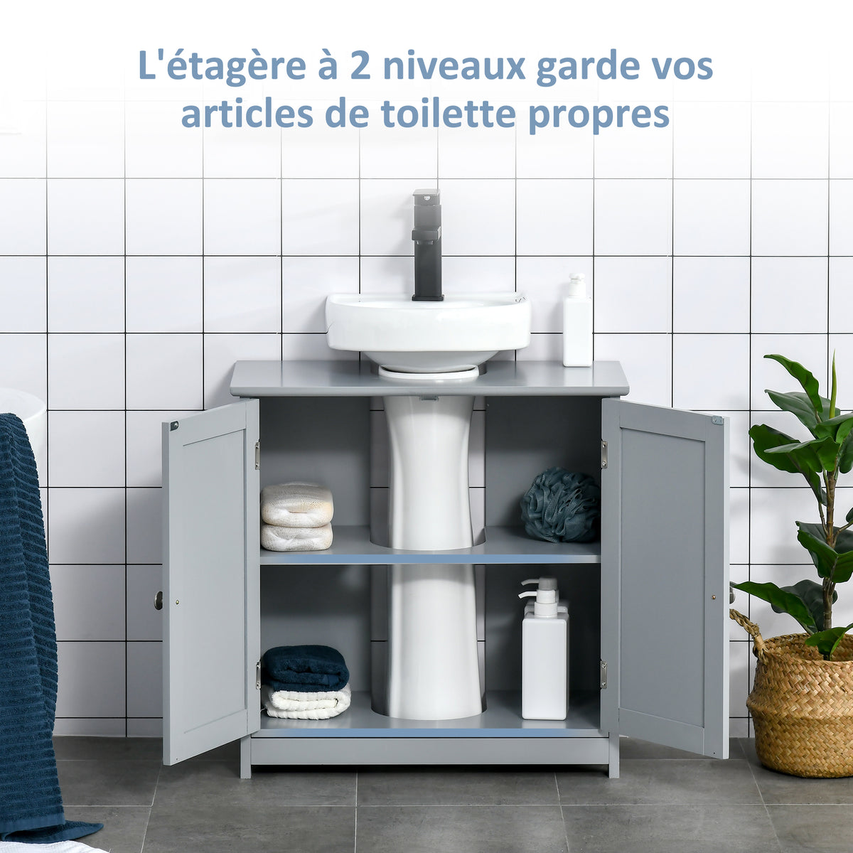 Meuble salle de bain sous lavabo - meuble sous-vasque - placard 2 portes avec étagère 60L x 30l x 60H cm - en bois Gris-4