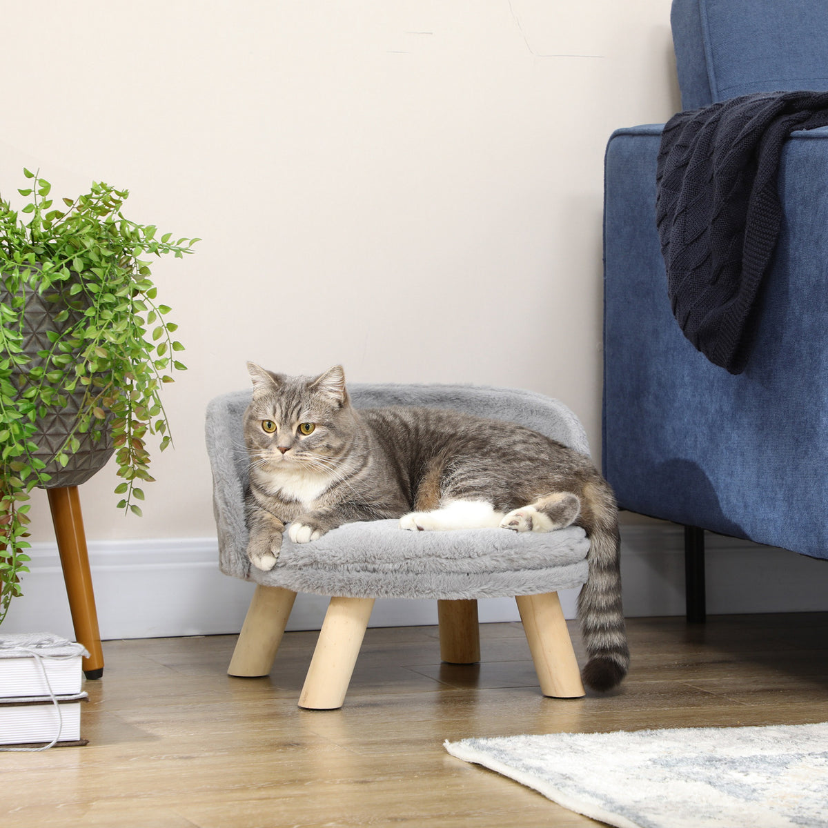 Canapé lit panier pour chien design scandinave coussin moelleux amovible pieds en bois Ø 40,5 x 33H cm gris-9