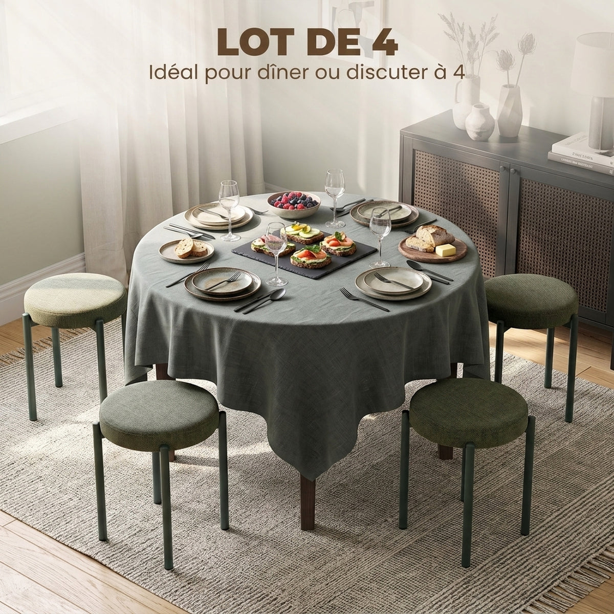 Lot de 4 Tabourets Empilables Ronds avec Assise Rembourrée, sans Dossier, Gain de Place, 45 x 45 x 47,5 cm, Vert Foncé-3
