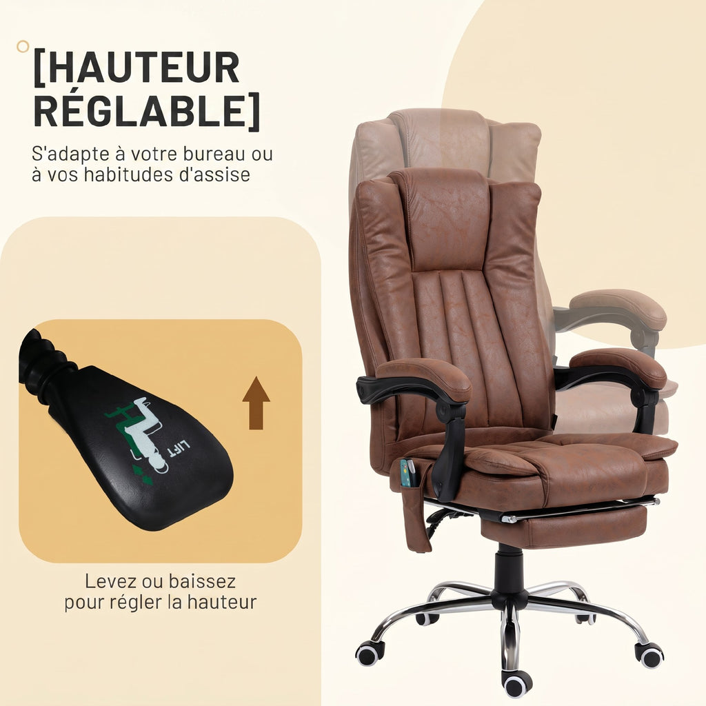 Fauteuil de bureau massant et chauffant avec hauteur réglable, dossier inclinable, repose-pied et télécommande, marron-4