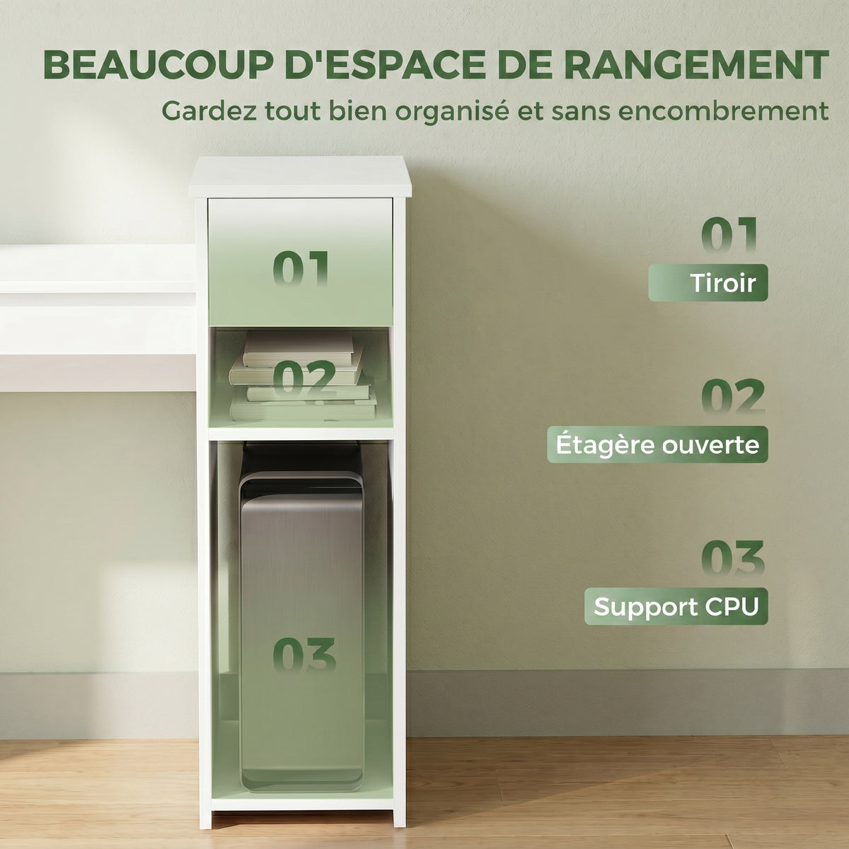 Bureau informatique avec tiroir et étagère, bureau d'ordinateur avec support d'unité centrale, 108 x 50 x 82 cm, blanc-3